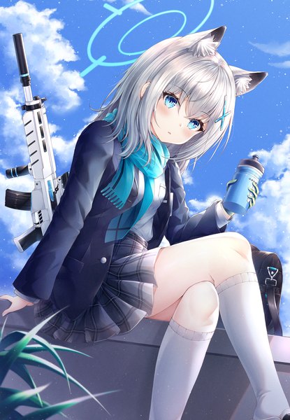 Anime picture 3040x4400 with blue archive shiroko (blue archive) ichizon single long hair tall image looking at viewer blush fringe highres blue eyes hair between eyes sitting holding animal ears absurdres sky silver hair cloud (clouds) bent knee (knees)