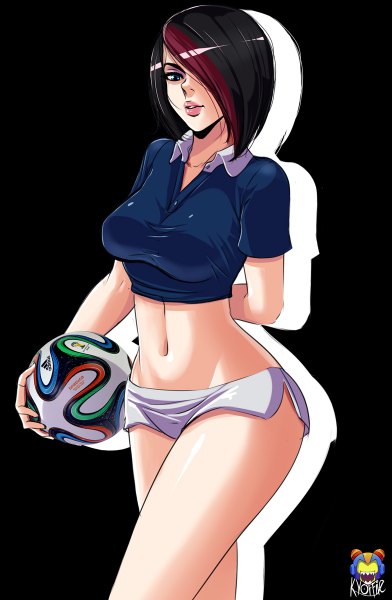 Anime picture 784x1200 with league of legends fiora (league of legends) kyoffie12 single tall image fringe short hair blue eyes light erotic black hair hair over one eye girl navel uniform shorts short shorts gym uniform ball white shorts soccer ball
