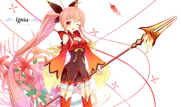 Anime-Bild 3389x2000 mit elsword ignia (elsword) kokoan single looking at viewer blush highres breasts open mouth simple background red eyes wide image pink hair girl weapon