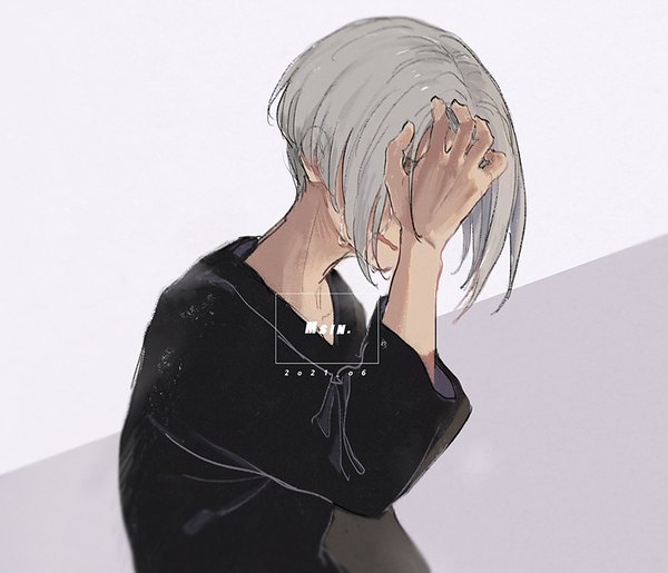Anime picture 800x686 with tokyo revengers sano manjirou msin single short hair simple background signed upper body grey hair tears crying hand on face boy