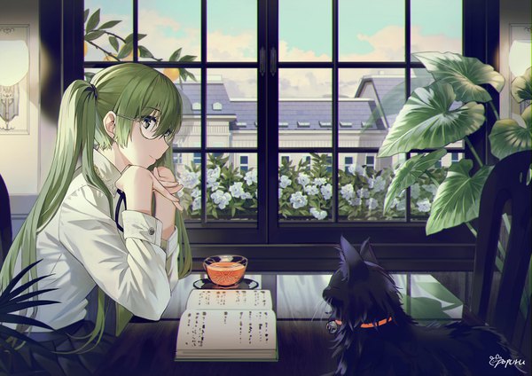 Anime picture 1500x1061 with vocaloid hatsune miku dr poapo single long hair looking at viewer fringe hair between eyes sitting twintails green eyes signed sky cloud (clouds) indoors profile pleated skirt green hair light smile reflection