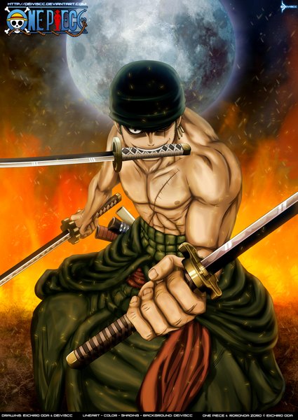 Anime picture 1517x2140 with one piece toei animation roronoa zoro deiviscc single tall image short hair smile one eye closed green hair wink black eyes inscription coloring scar muscle boy weapon earrings sword
