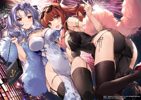Anime picture 1700x1216 with azur lane zara (azur lane) pola (azur lane) karory long hair looking at viewer blush fringe breasts open mouth light erotic smile red eyes large breasts standing twintails multiple girls holding yellow eyes cleavage