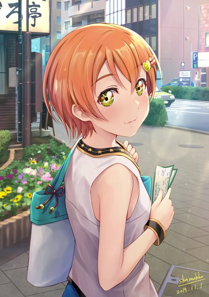 Anime picture 1275x1812 with love live! school idol project sunrise (studio) love live! hoshizora rin shamakho single tall image looking at viewer blush fringe short hair smile hair between eyes signed yellow eyes upper body outdoors looking back orange hair sleeveless