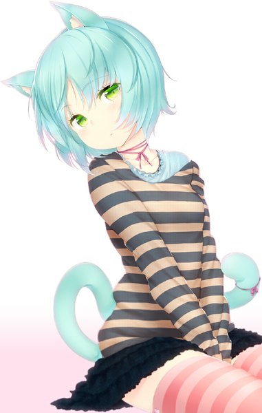 Anime picture 567x891 with original zizi (zz22) single tall image looking at viewer sitting green eyes animal ears blue hair tail animal tail cat ears cat tail frilly skirt girl thighhighs skirt frills striped thighhighs