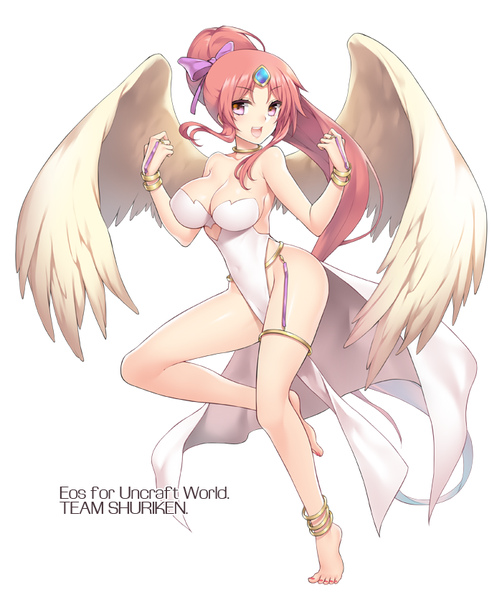 Anime picture 700x836 with uncraft me! (game) eos (uncraft me!) fuya (tempupupu) single long hair tall image blush breasts open mouth light erotic simple background smile white background bare shoulders pink hair ponytail pink eyes barefoot fingernails angel wings
