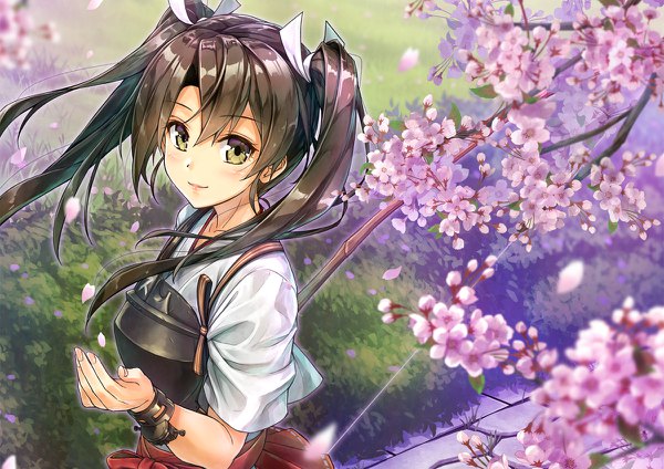 Anime picture 1200x848 with kantai collection zuikaku aircraft carrier kotatsu (kotatsu358) single long hair looking at viewer blush fringe smile hair between eyes brown hair standing twintails holding yellow eyes payot upper body outdoors traditional clothes japanese clothes