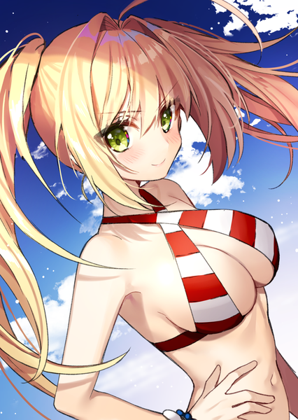 Anime picture 823x1158 with fate (series) fate/grand order nero claudius (fate) nero claudius (swimsuit caster) (fate) gambe single long hair tall image looking at viewer blush fringe breasts light erotic blonde hair smile hair between eyes large breasts twintails green eyes payot