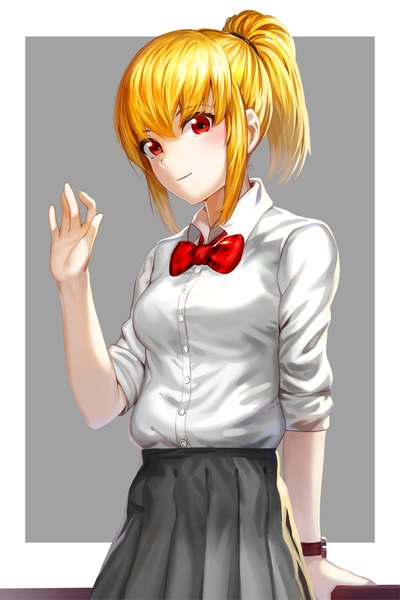 Anime picture 783x1175 with original kfr single tall image looking at viewer blush short hair blonde hair simple background red eyes grey background border waving girl skirt shirt bowtie clock pocket watch