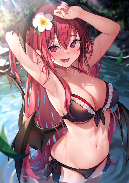 Anime picture 1447x2047 with touhou koakuma wowoguni single long hair tall image looking at viewer blush fringe breasts open mouth light erotic smile hair between eyes red eyes large breasts standing outdoors red hair tail