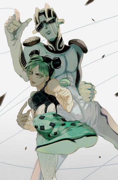 Anime picture 831x1269 with jojo no kimyou na bouken kujo jolyne stone free canto long hair tall image looking at viewer open mouth black hair bare shoulders multiple girls green eyes multicolored hair green hair two-tone hair hair bun (hair buns) fighting stance girl 2 girls sunglasses