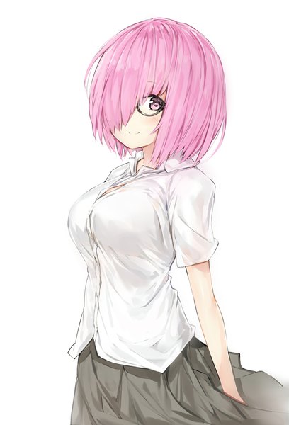 Anime picture 1500x2205 with fate (series) fate/grand order mash kyrielight silver (chenwen) single tall image looking at viewer fringe short hair simple background smile white background pink hair pink eyes hair over one eye turning head girl shirt glasses white shirt