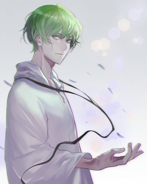 Anime picture 639x800 with fate (series) fate/strange fake enkidu (fate) az (kroneko007) single tall image looking at viewer short hair standing green eyes upper body fingernails wind lens flare boy