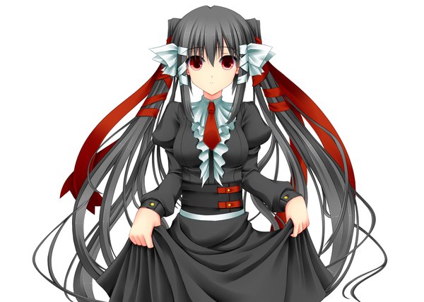 Anime picture 1512x1080 with original shouyan single long hair looking at viewer black hair simple background red eyes white background twintails girl dress ribbon (ribbons) hair ribbon