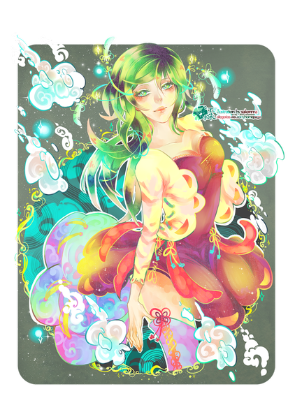 Anime-Bild 800x1137 mit original shinkami long hair tall image looking at viewer green eyes cloud (clouds) green hair sparkle transparent background framed lacing girl thighhighs dress skirt cape feather (feathers)