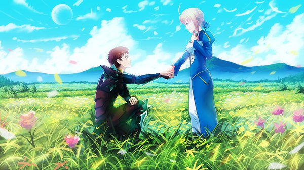 Anime picture 1366x768 with fate (series) fate/stay night artoria pendragon (all) saber emiya shirou fateline alpha long hair fringe breasts blonde hair brown hair wide image standing brown eyes green eyes payot sky cloud (clouds) full body ahoge