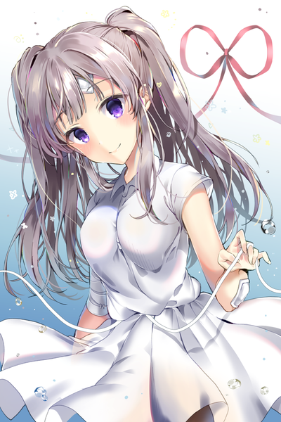 Anime picture 680x1018 with idolmaster idolmaster shiny colors yuukoku kiriko pinb single long hair tall image looking at viewer blush fringe breasts simple background smile purple eyes twintails holding silver hair head tilt pleated skirt short sleeves