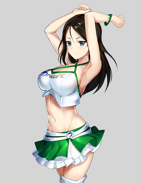 Anime picture 3500x4500 with girls und panzer nonna (girls und panzer) akamoku single long hair tall image looking at viewer blush fringe highres breasts blue eyes light erotic black hair simple background smile large breasts standing absurdres cleavage