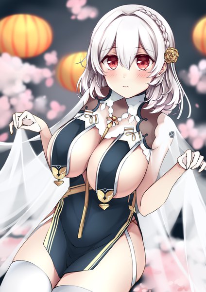 Anime picture 4092x5787 with azur lane sirius (azur lane) sirius (azure horizons) (azur lane) yuzu072 single tall image looking at viewer blush fringe highres short hair breasts light erotic simple background hair between eyes red eyes large breasts sitting holding payot