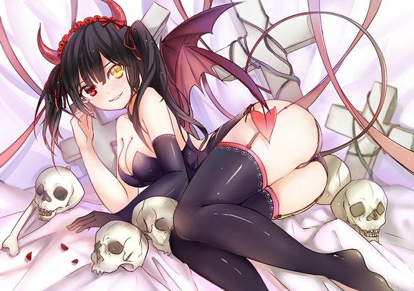 Anime picture 1000x706 with date a live tokisaki kurumi sunege (hp0715) single long hair looking at viewer blush breasts light erotic black hair smile twintails bare shoulders ass horn (horns) heterochromia girl thighhighs gloves underwear