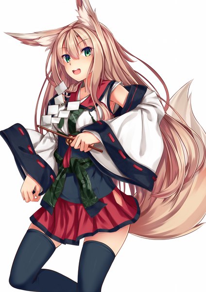 Anime picture 1200x1696 with original karakura0 single long hair tall image blush simple background smile brown hair white background green eyes animal ears tail traditional clothes japanese clothes animal tail girl thighhighs skirt black thighhighs