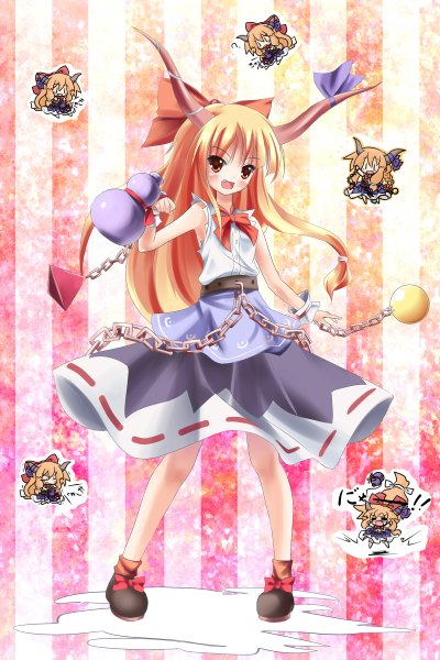 Anime picture 1600x2400 with touhou ibuki suika zi se single long hair tall image blush open mouth blonde hair red eyes horn (horns) striped striped background l l girl bow hair bow chain shackles gourd