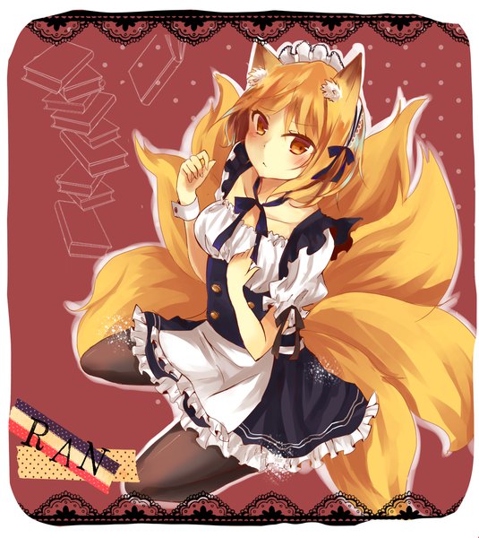 Anime picture 1625x1821 with touhou yakumo ran moko (3886397) single tall image looking at viewer short hair breasts blonde hair sitting animal ears yellow eyes tail animal tail from above maid alternate costume character names fox ears fox tail