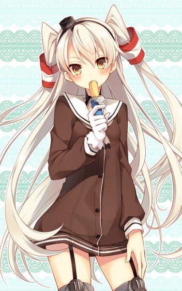 Anime picture 779x1241 with kantai collection amatsukaze destroyer toosaka asagi single long hair tall image looking at viewer blush light erotic brown eyes white hair two side up eating girl thighhighs gloves uniform school uniform hat choker