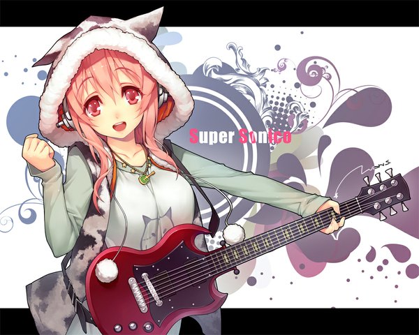 Anime picture 1000x800 with nitroplus super sonico lvans single long hair looking at viewer blush open mouth smile signed animal ears pink hair pink eyes inscription border girl headphones star (symbol) pendant fur