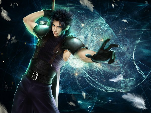 Anime picture 1024x769 with final fantasy final fantasy vii square enix zack fair k-koji single short hair blue eyes black hair signed realistic spiked hair boy gloves weapon sword belt armor feather (feathers) huge weapon