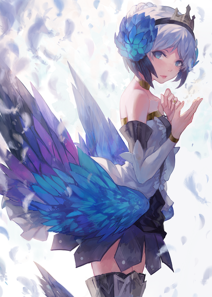 Anime picture 600x840 with odin sphere vanillaware gwendolyn kane (kanekiru) single tall image looking at viewer short hair blue eyes bare shoulders white hair girl detached sleeves choker frills armor feather (feathers) ring crown