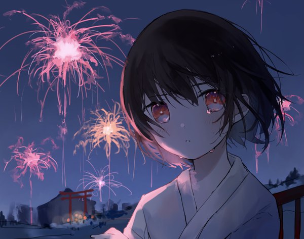 Anime picture 2545x2008 with original warabimoti yoz single looking at viewer fringe highres short hair black hair hair between eyes red eyes signed upper body outdoors traditional clothes japanese clothes night twitter username tears fireworks girl