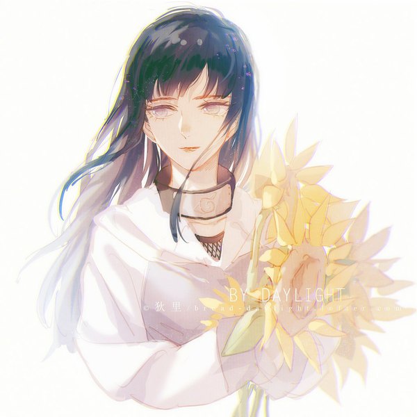 Anime picture 1024x1024 with naruto studio pierrot naruto (series) hyuuga hinata daylight919 single long hair fringe black hair simple background white background purple eyes holding signed looking away upper body blunt bangs floating hair girl flower (flowers)