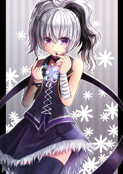Anime picture 2976x4209 with vocaloid flower (vocaloid) midori yuki single long hair tall image looking at viewer fringe highres black hair standing purple eyes bare shoulders silver hair ponytail nail polish multicolored hair two-tone hair striped lacing