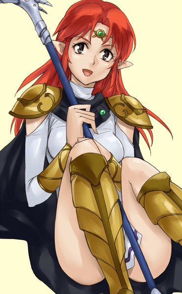 Anime picture 700x1131 with musekinin kanchou tylor tatsunoko azalyn gus (clarkii) single long hair tall image looking at viewer fringe breasts open mouth light erotic simple background smile sitting holding bent knee (knees) red hair :d pointy ears
