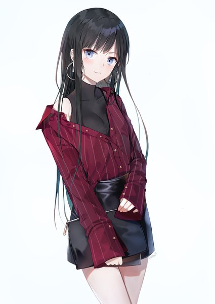 Anime picture 1000x1411 with original emyo single long hair tall image looking at viewer blush fringe breasts blue eyes black hair simple background smile standing white background holding signed parted lips off shoulder mole