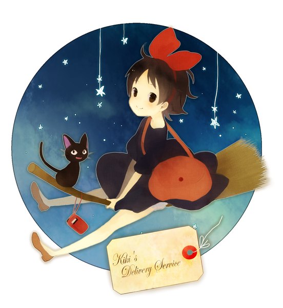 Anime picture 1000x1088 with kiki's delivery service studio ghibli kiki jiji mituame tall image blush short hair simple background smile brown hair white background brown eyes inscription night flying witch girl dress bow