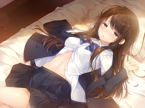 Anime picture 1000x750 with original noda shuha single long hair looking at viewer blush fringe breasts light erotic brown hair brown eyes indoors lying long sleeves parted lips pleated skirt from above sunlight off shoulder open clothes