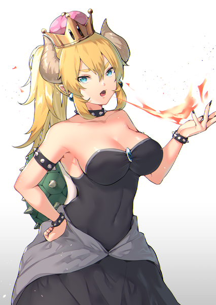 Anime picture 1048x1477 with super mario bros. new super mario bros. u deluxe bowsette itohana single long hair tall image looking at viewer fringe breasts open mouth blue eyes light erotic blonde hair simple background hair between eyes large breasts standing white background bare shoulders