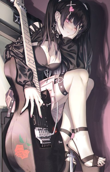 Anime picture 1016x1589 with original neon (pixiv 31150749) single long hair tall image looking at viewer blush fringe breasts light erotic black hair sitting bent knee (knees) blunt bangs long sleeves nail polish pleated skirt one eye closed pink eyes fingernails