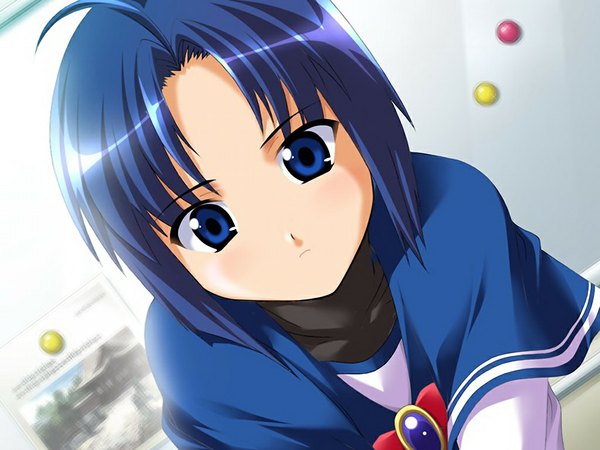 Anime picture 1024x768 with anonono oumori erisu short hair blue eyes blue hair game cg ahoge girl serafuku