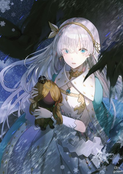 Anime picture 800x1132 with fate (series) fate/grand order anastasia (fate) viy (fate) kim eb single long hair tall image looking at viewer fringe open mouth blue eyes standing holding signed silver hair teeth twitter username floating hair snowing