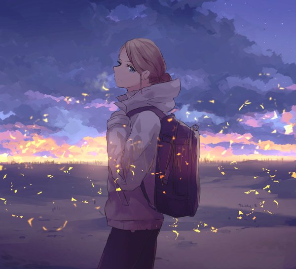 Anime picture 2000x1818 with original djyui single looking at viewer highres short hair blue eyes blonde hair cloud (clouds) profile night hair bun (hair buns) night sky evening sunset horizon girl jacket hood star (stars)