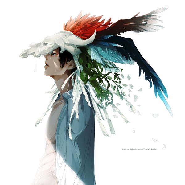 Anime picture 1209x1209 with original re (artist) single short hair open mouth black hair simple background white background profile horn (horns) lips open clothes shadow open shirt tears muscle crying plant (plants) shirt wings
