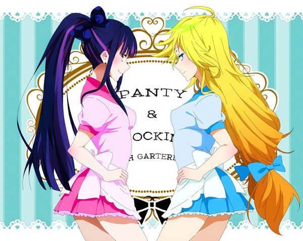 Anime picture 1066x848 with panty & stocking with garterbelt anarchy stocking anarchy panty harutiki long hair blush blue eyes blonde hair multiple girls blue hair ponytail multicolored hair streaked hair girl dress bow 2 girls hair bow
