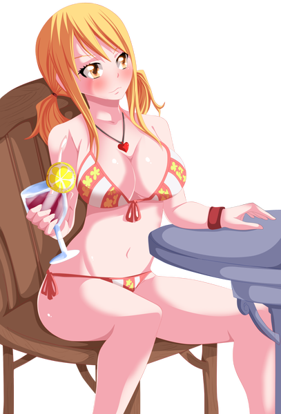 Anime picture 2383x3509 with fairy tail lucy heartfilia tongasart single long hair tall image blush highres light erotic blonde hair smile twintails yellow eyes coloring short twintails transparent background girl swimsuit bikini pendant