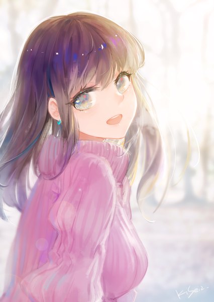 Anime picture 2285x3220 with original kisei2 single long hair tall image looking at viewer blush fringe highres breasts open mouth smile hair between eyes brown hair signed upper body outdoors :d winter silver eyes