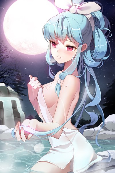 Anime picture 1280x1920 with sword girls linus falco gilse long hair tall image blush light erotic red eyes blue hair night naked towel girl moon towel onsen