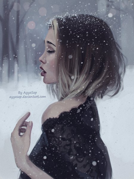 Anime picture 1536x2048 with original ayyasap single tall image short hair black hair signed eyes closed profile multicolored hair lips grey hair realistic two-tone hair snowing winter girl