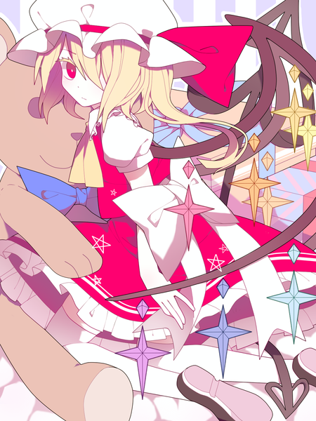Anime picture 1200x1600 with touhou flandre scarlet gla single tall image looking at viewer fringe short hair blonde hair red eyes looking back hair over one eye one side up kneeling soles pale skin expressionless girl thighhighs skirt